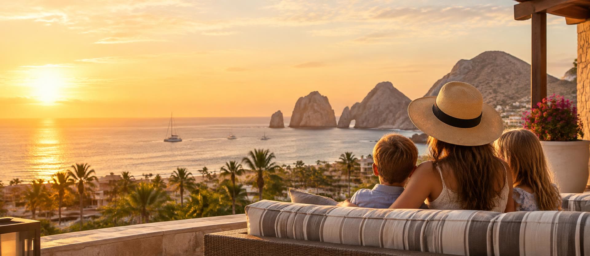 Mom and two kids watching the sunset over Cabo's arch from a resort terrace