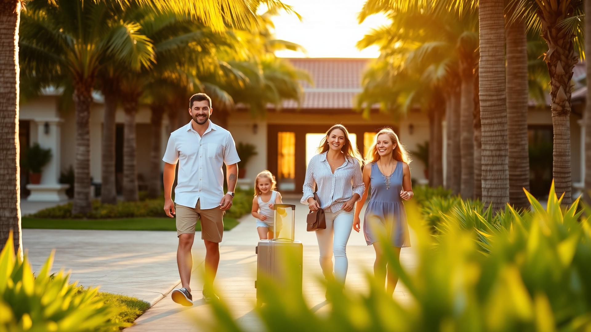 A family of four walking together on a bright resort beach
